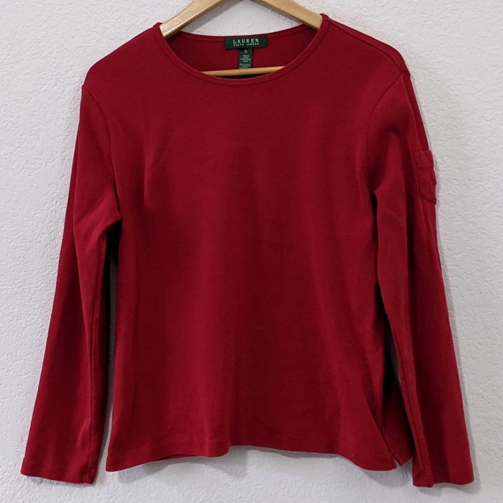 Lauren Ralph Lauren Long Sleeve Cotton Crew Neck Shirt, Dark Red, XL